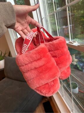 UGG Coral Pink Fluff Yeah Slide slippers with Logo Strap